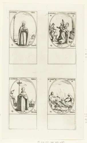 Heilige Odilia van Odilienberg, Heilige Nicasius en Heilige Eutropia van Reims, Heilige Agnellus van Napels, Heilige Thyrsus en Heilige Callinicus van Apollonia (13-14 december) by Jacques Callot, print, 1632-1636