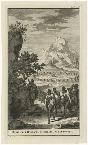 Begrafenis van een Khoikhoi by Jan Caspar Philips, print, 1727