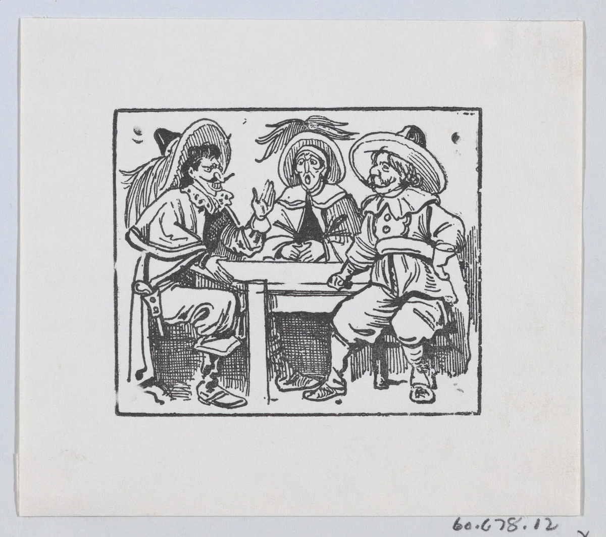 Three men wearing large hats and capes sitting at a table and talking by José Guadalupe Posada, print, 1875-1885