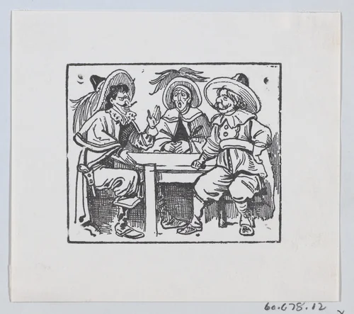 Three men wearing large hats and capes sitting at a table and talking by José Guadalupe Posada, print, 1875-1885