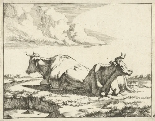 Twee liggende koeien by Marcus de Bye, print, 1657-1677