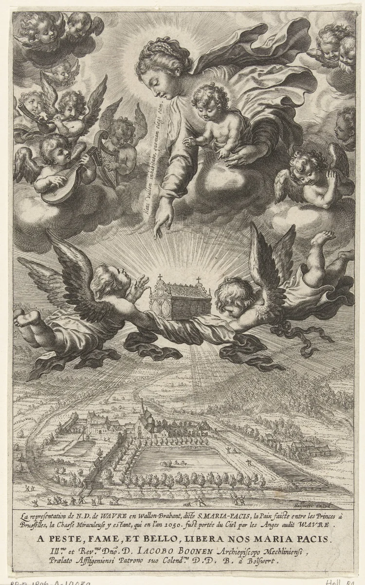 Maria met Kind en engelen met reliekschrijn in hemel boven de kerk Notre-Dame te Wavre by Unknown, print, 1590-1633