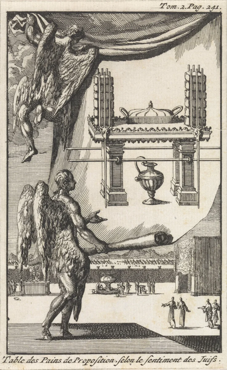 Engelen bekijken het ontwerp voor de Tafel der Toonbroden by Jan Luyken, print, 1705