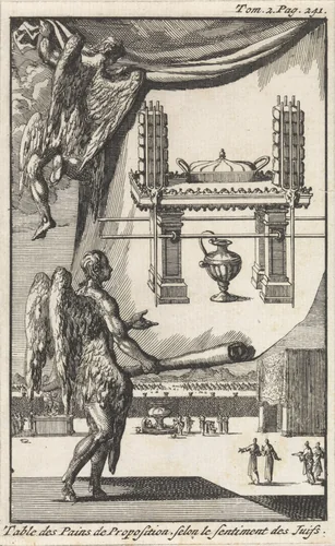 Engelen bekijken het ontwerp voor de Tafel der Toonbroden by Jan Luyken, print, 1705