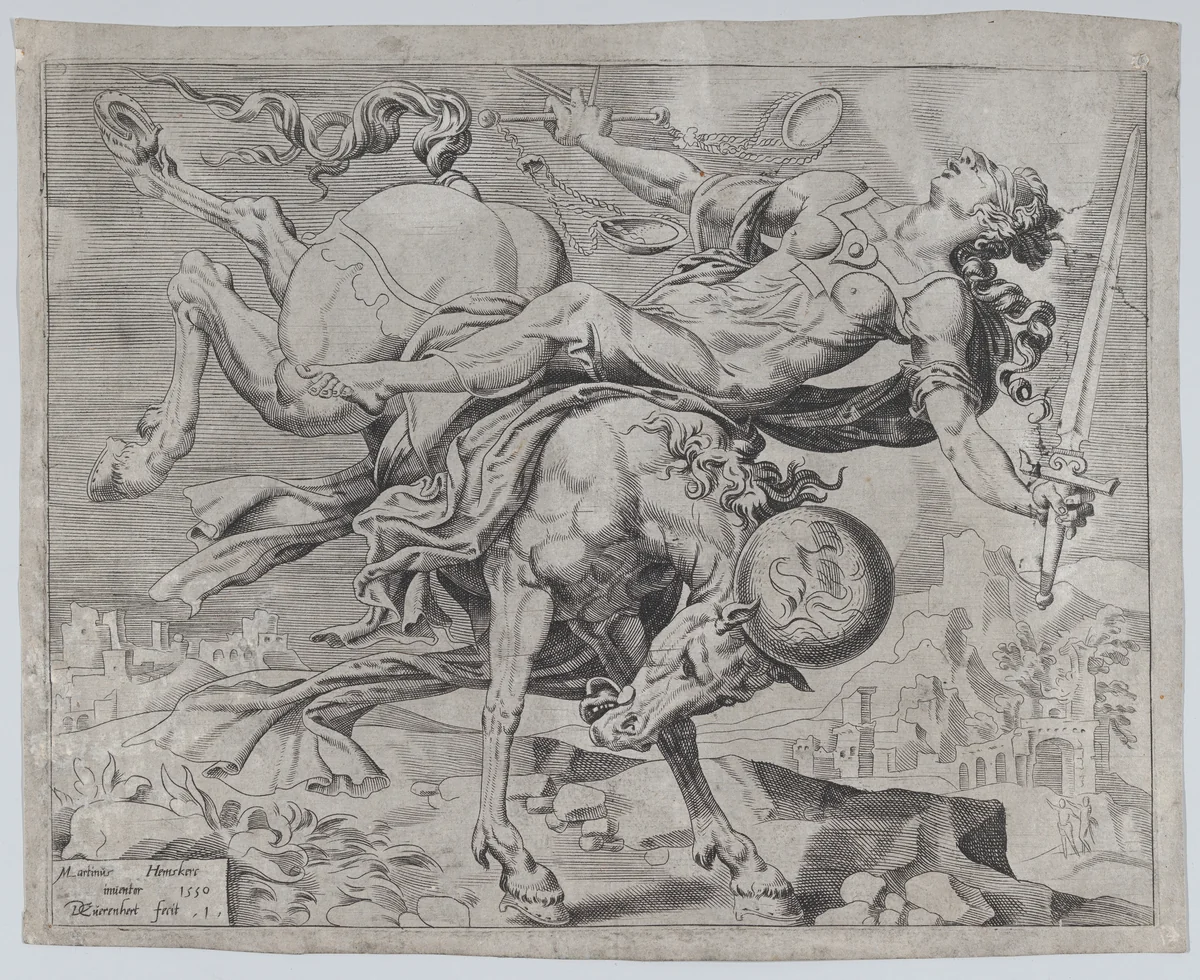 The World Disposing of Justice, from The Unrestrained World, plate 1 by Dirck Volckertsz. Coornhert, print, 1550