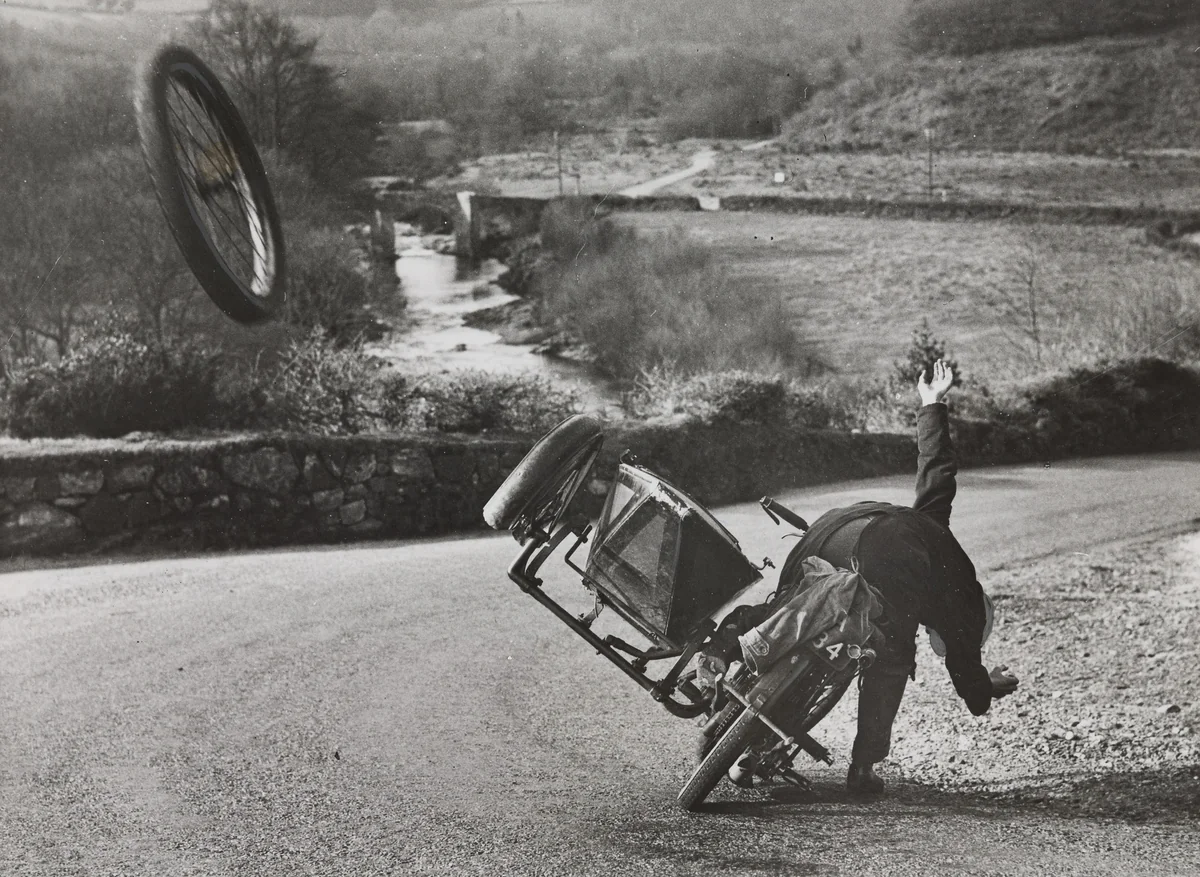 "One of the Freak Hazards of the Road: A Motorcycle Sidecar" by Times Wide World Photos, photograph, 1934