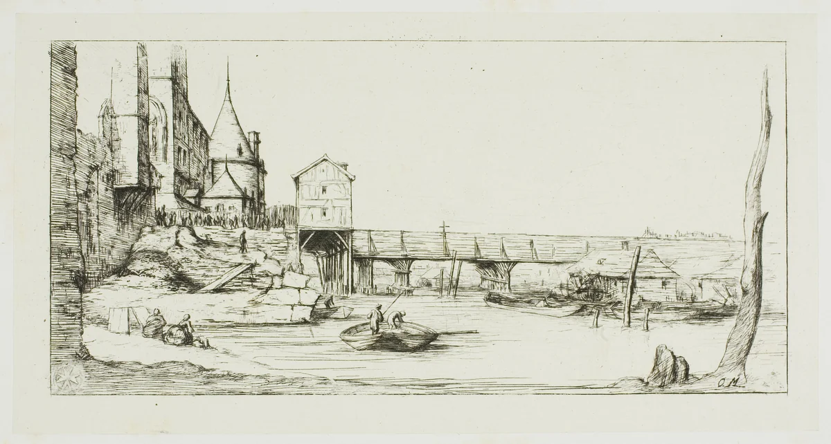 The Footbridge Temporarily Replacing the Pont-au-Change, Paris, After the Fire of 1621 by Charles Meryon, print, 1860