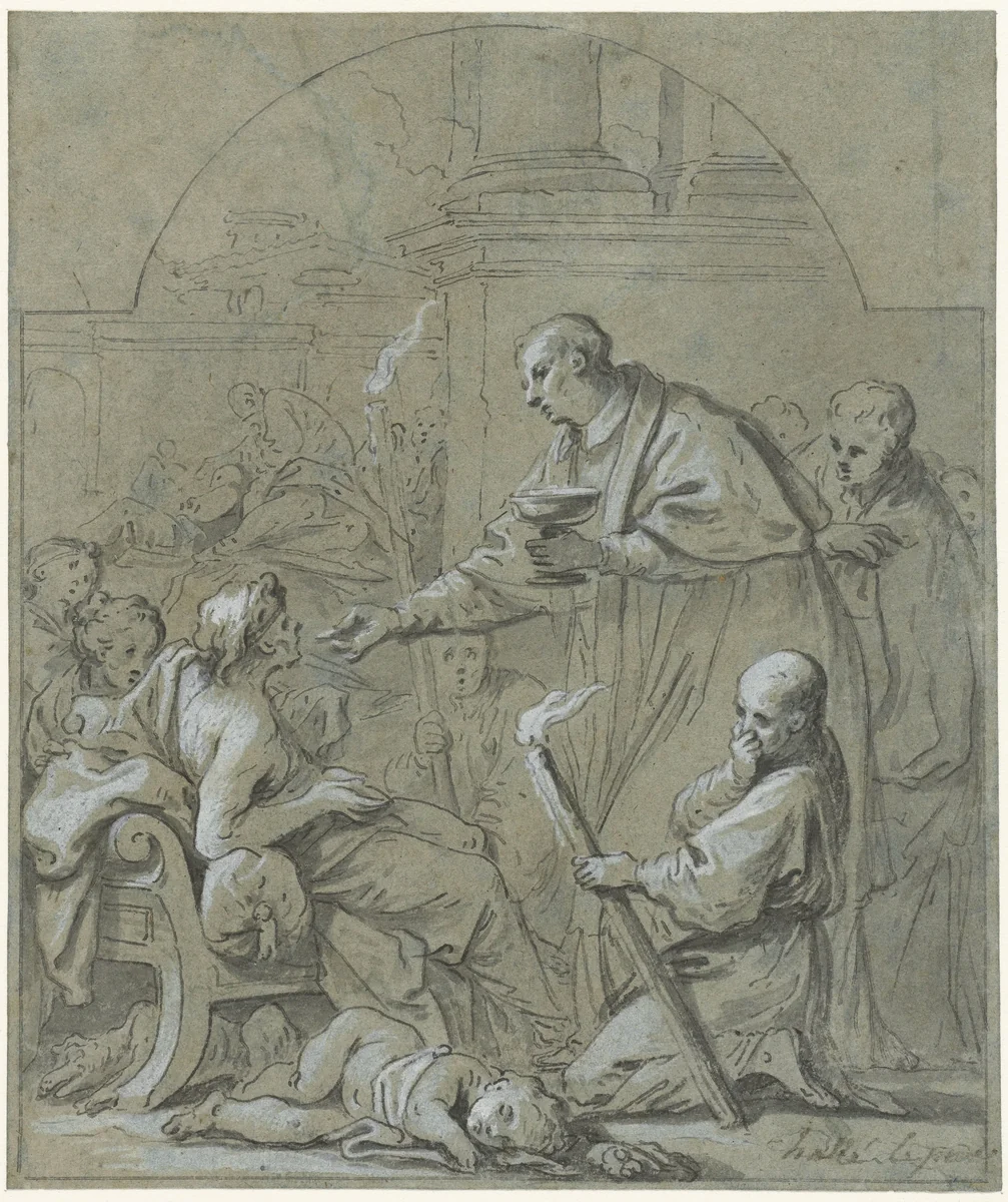 Heilige Carolus Borromeus geeft pestlijders de laatste Communie by Claude Guy Hallé, drawing, 1662-1736