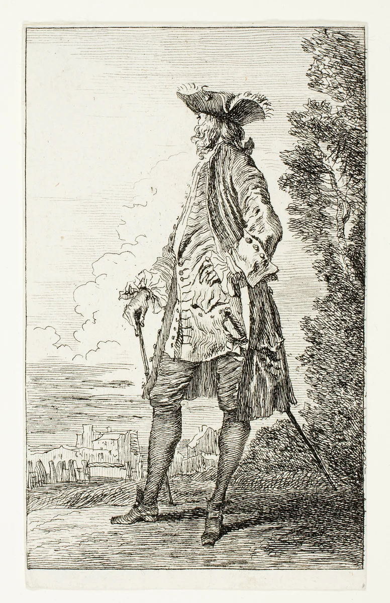 Standing Man with a Hat, Facing Left, from Figures de Modes by Jean-Antoine Watteau, print, 1704-1721