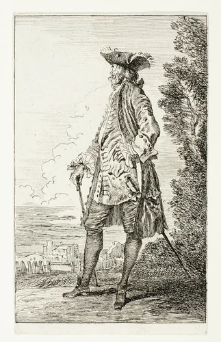 Standing Man with a Hat, Facing Left, from Figures de Modes by Jean-Antoine Watteau, print, 1704-1721