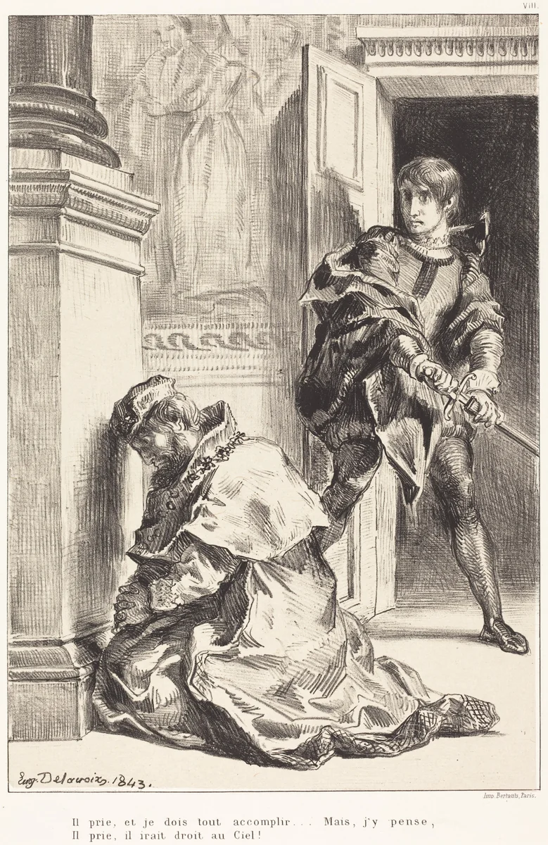 Hamlet is Tempted to Kill the King (Act III, Scene III) by Eugène Delacroix, portfolio, 1834-1843