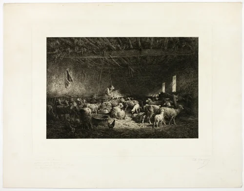 The Large Sheepcot, horizontal plate by Charles-Émile Jacque, print, 1859