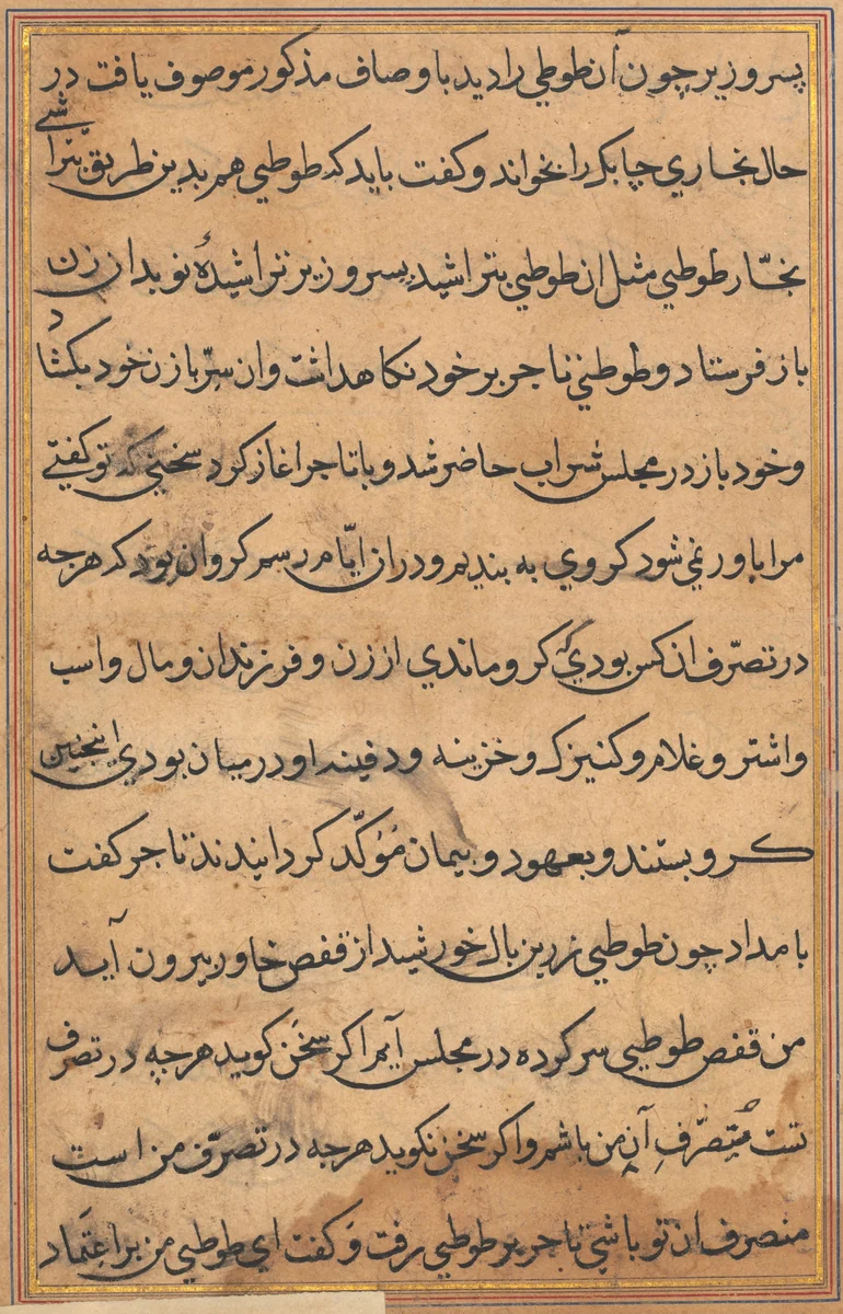 Page from Tales of a Parrot (Tuti-nama): text page by Unknown, painting, 1555-1565