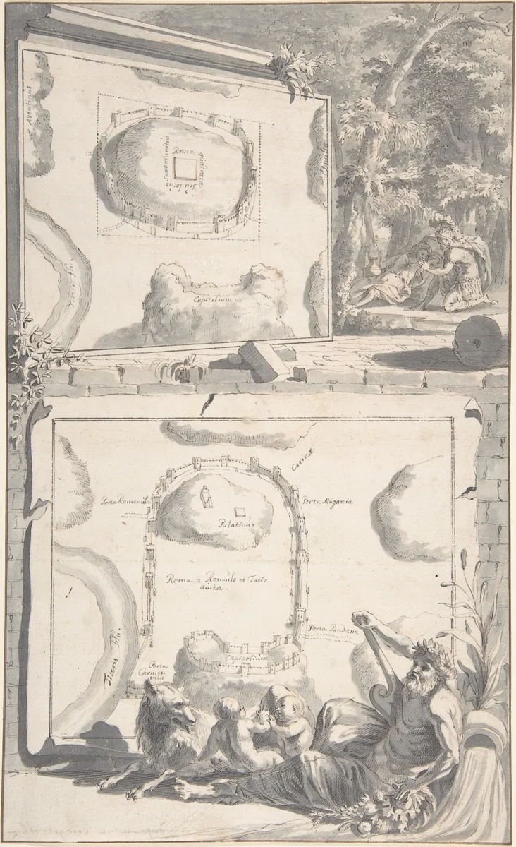 Two Maps of Ancient Rome with a River God and Romulus and Remus by Jan Goeree, drawing, 1690-1704