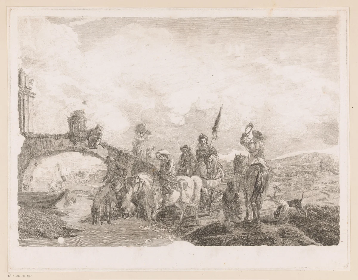 Jachtgezelschap laat paarden drinken aan de voet van brug by Jean Moyreau, print, 1733-1762