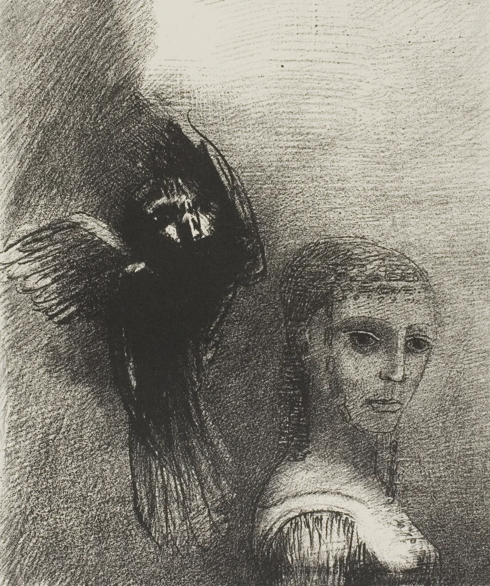 And a Large Bird, Descending From the Sky, Hurls Itself Against the Topmost Point of Her Hair, plate 3 of 10 by Odilon Redon, print, 1888