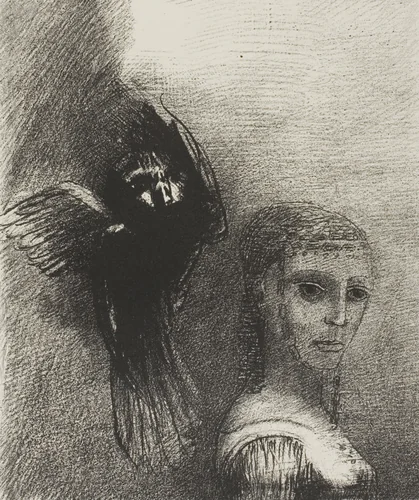 And a Large Bird, Descending From the Sky, Hurls Itself Against the Topmost Point of Her Hair, plate 3 of 10 by Odilon Redon, print, 1888