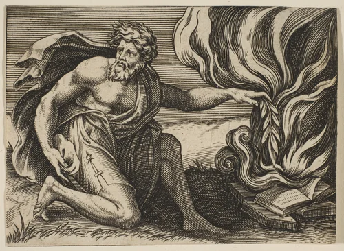 A man kneeling and placing a laurel branch upon a pile of burning books by Marco Dente, print, 1510-1532