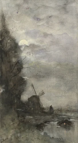 Landschap met molen bij maanlicht by Jacob Maris, drawing, 1847-1899