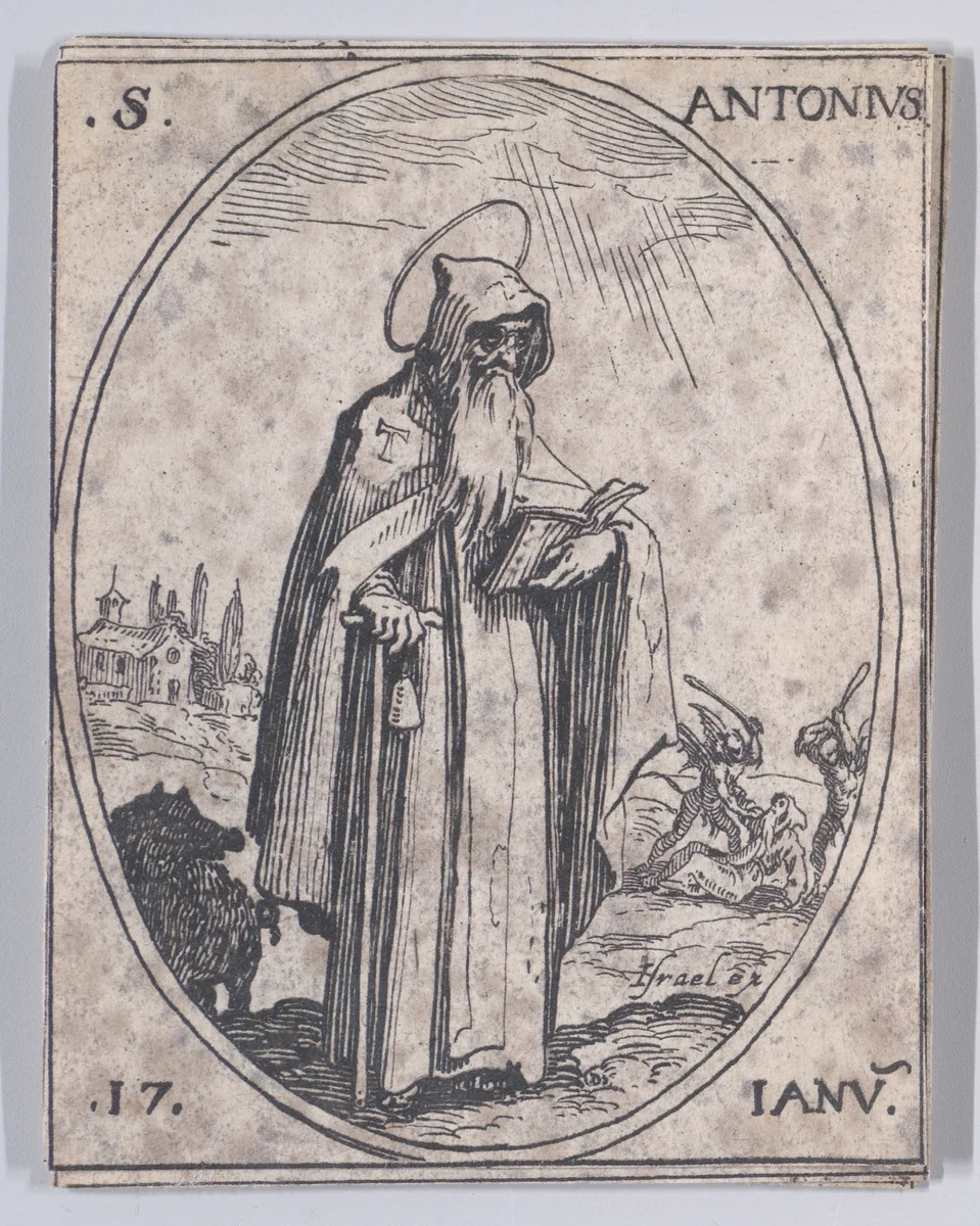 S. Antoine (St. Anthony), January 17th, from "Les Images De Tous Les Saincts et Saintes de L'Année" (Images of All of the Saints and Feast Days of the Year) by Jacques Callot, print, 1636