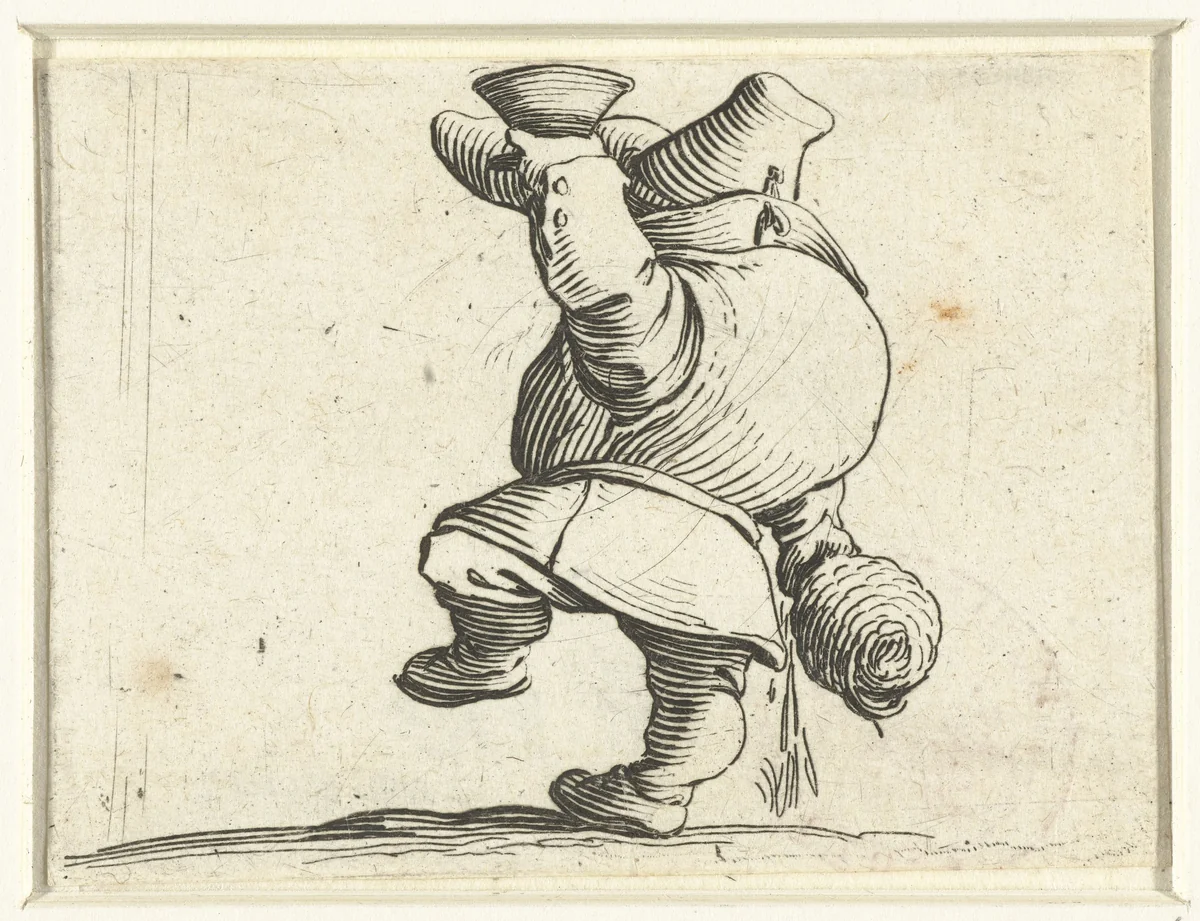Kleine mens (karikatuur) met fles en glas, drank morsend by Jacques Callot, print, 1621-1625