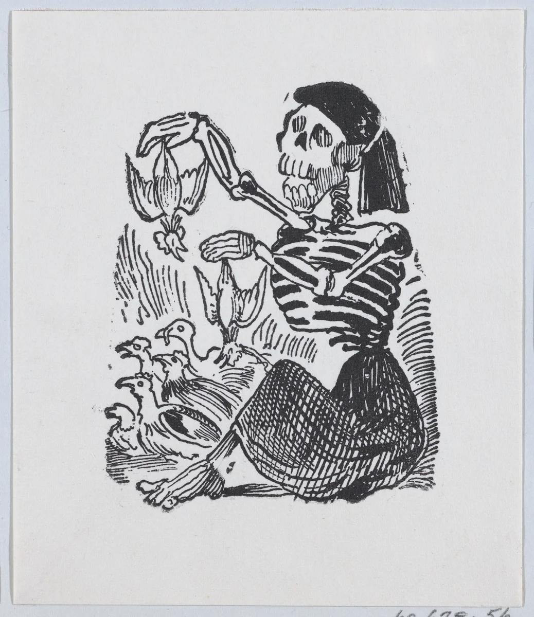 A skeleton selling plucked chickens from a broadside entitled 'Una Calavera Chusca' by José Guadalupe Posada, print, 1875-1885