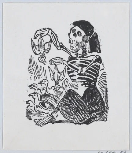 A skeleton selling plucked chickens from a broadside entitled 'Una Calavera Chusca' by José Guadalupe Posada, print, 1875-1885