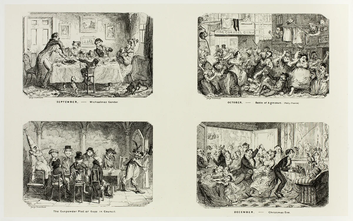 September – Michaelmas Gander from George Cruikshank's Steel Etchings to The Comic Almanacks: 1835-1853 (top left) by George Cruikshank, print, 1838