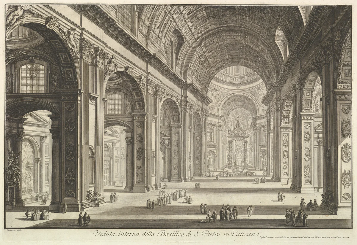 Interior view of St. Peter's Basilica in the Vatican, from "Vedute di Roma" (Roman Views) by Giovanni Battista Piranesi, print, 1743-1753