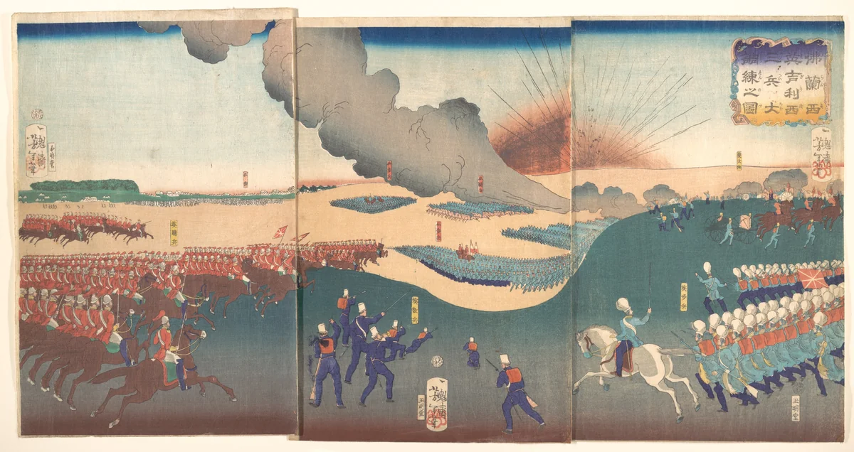 Maneuvers by Three Categories of French and English Soldiers (Furansu Igirisu sanhei ōchōren no zu) by Tsukioka Yoshitoshi, print, 1867