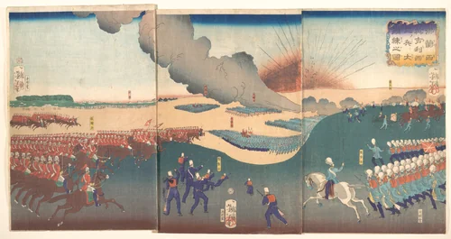 Maneuvers by Three Categories of French and English Soldiers (Furansu Igirisu sanhei ōchōren no zu) by Tsukioka Yoshitoshi, print, 1867