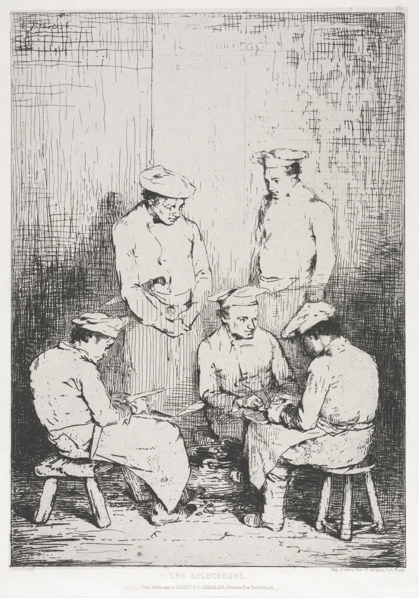 The Potato Peelers by Théodule Ribot, print, 1863