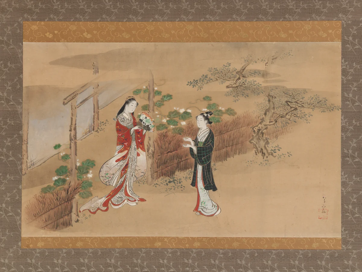 "Evening Faces" chapter from The Tale of Genji (Genji monogatari) by Kawamata Tsunemasa, painting, 1700-1799