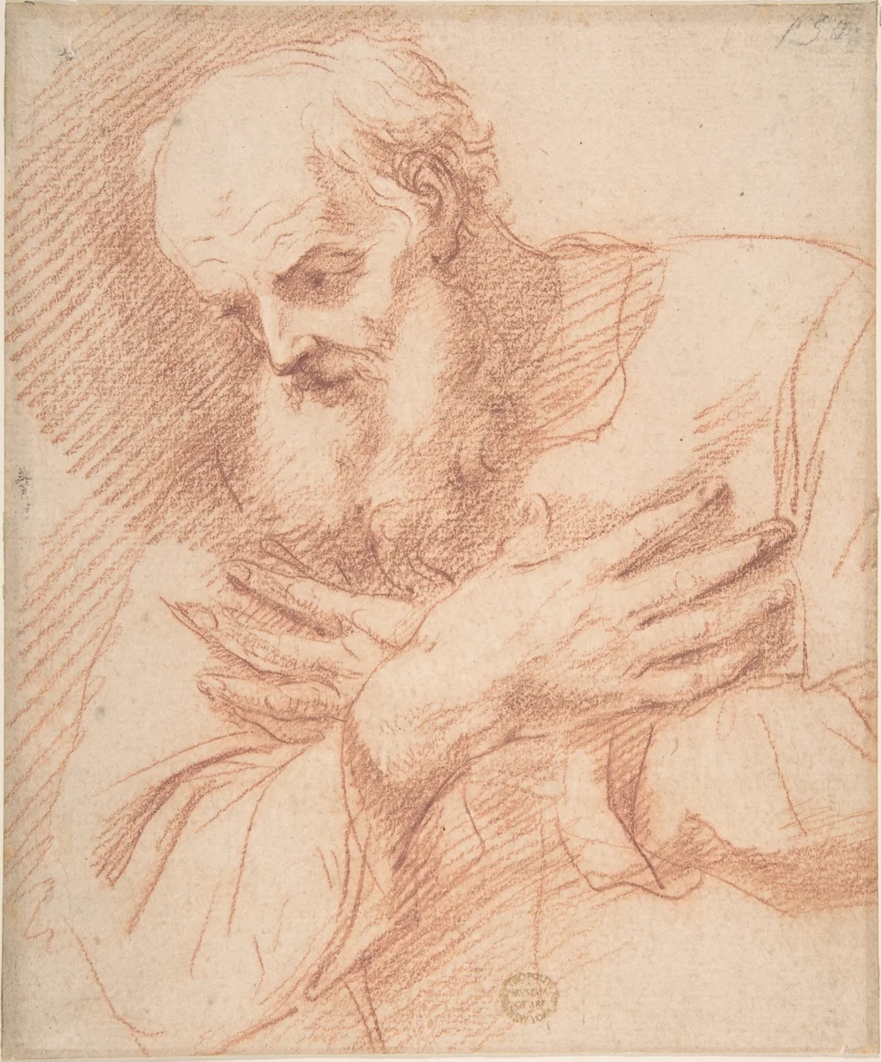 Old Bearded Man in Three-Quarter View with Hands Crossed Over His Chest by anonymous, drawing, 1600-1700