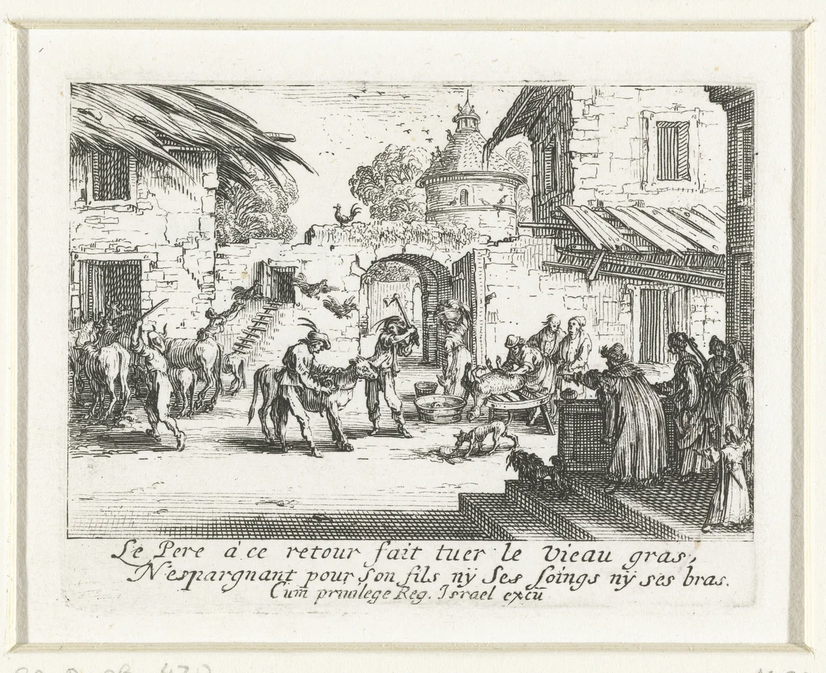 Het vetgemeste kalf wordt geslacht by Jacques Callot, print, 1635