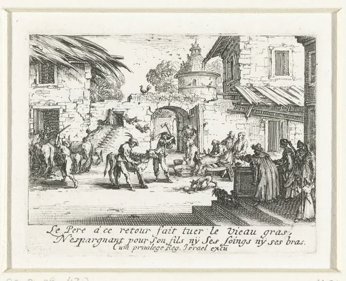 Het vetgemeste kalf wordt geslacht by Jacques Callot, print, 1635