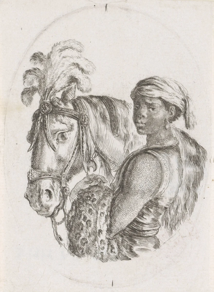 Tot slaaf gemaakte Afrikaanse jongen naast paard met pluimen op het hoofd by Stefano della Bella, print, 1649-1650