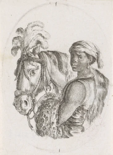 Tot slaaf gemaakte Afrikaanse jongen naast paard met pluimen op het hoofd by Stefano della Bella, print, 1649-1650