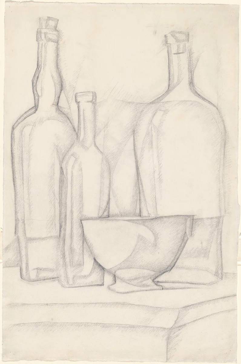 Bottles and Bowl by Juan Gris, drawing, 1911