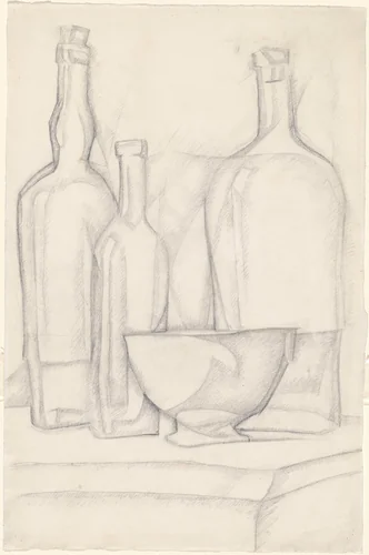 Bottles and Bowl by Juan Gris, drawing, 1911