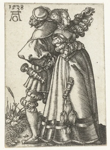 Dansend paar met ruggen tegen elkaar by Unknown, print, 1538