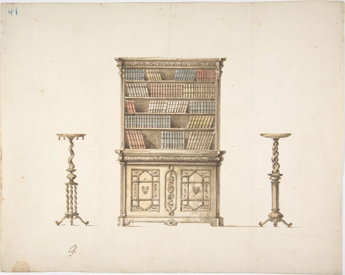 Design for a Bookcabinet and Two Pedestals (Verso: sketch) by anonymous, drawing, 1800-1850