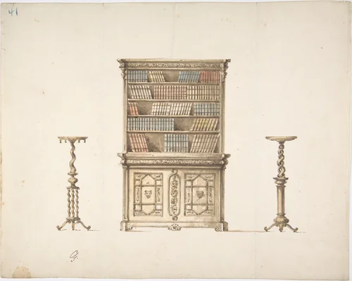 Design for a Bookcabinet and Two Pedestals (Verso: sketch) by anonymous, drawing, 1800-1850