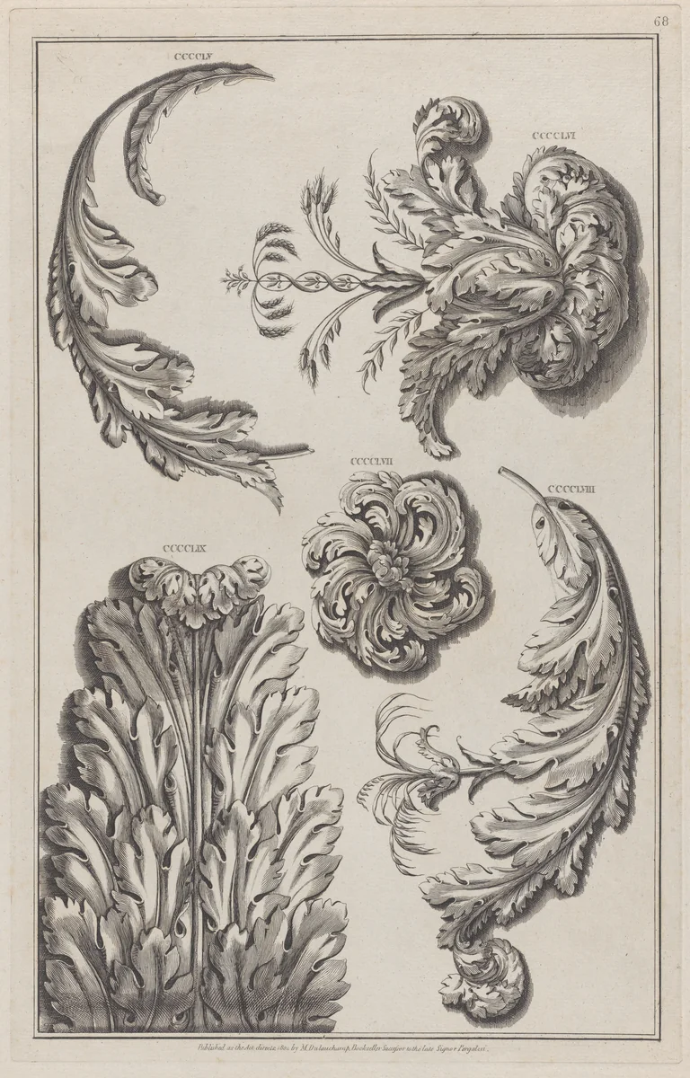 Varieties of Leaf Ornament, nos. CCCCLV–CCCCLIX, plate 68 from "Designs for Various Ornaments" by Michelangelo Pergolesi, print, 1801