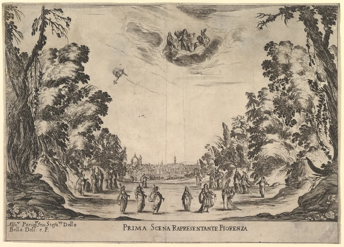 First Scene, in Florence, from "The marriage of the gods" (Le nozze degli Dei) by Stefano della Bella, print, 1637