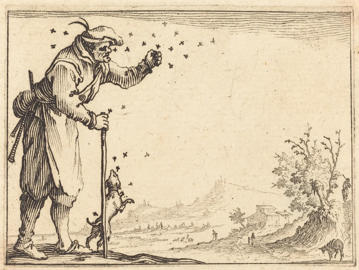 Peasant Attacked by Bees by Jacques Callot, print, 1617