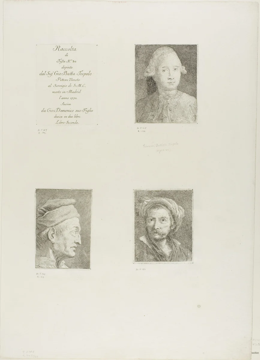 Title Page, Portrait of Giandomenico Tiepolo, Profile of an Old Man, and Old Man with a Turban by Giovanni Domenico Tiepolo, print, 1775