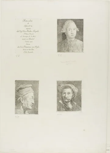 Title Page, Portrait of Giandomenico Tiepolo, Profile of an Old Man, and Old Man with a Turban by Giovanni Domenico Tiepolo, print, 1775