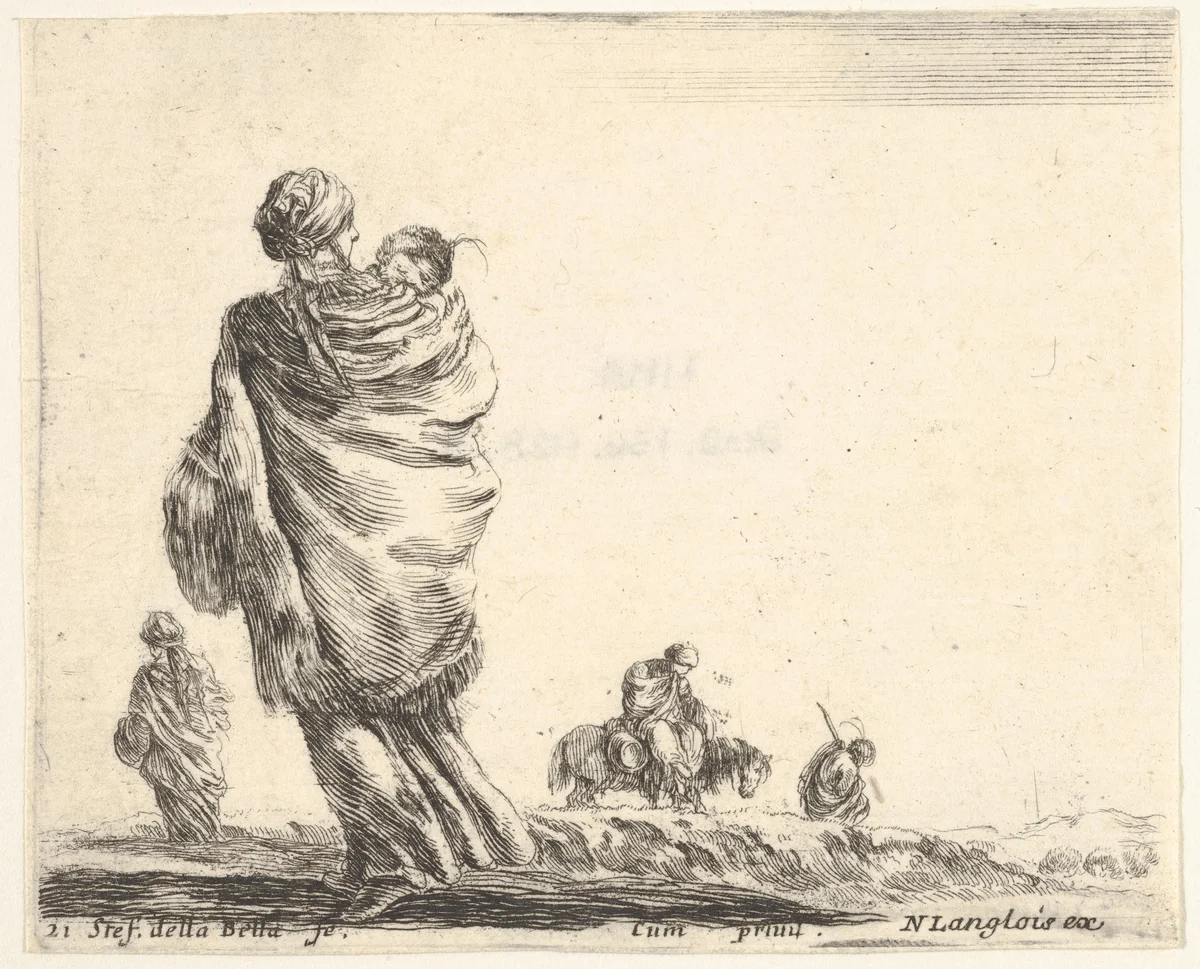 Plate 21: a poor woman to left, seen from behind, enveloping her child in a shawl, another woman seen from behind to left in background, a woman atop a horse and a man to right in background, from "Diversi Capricci" by Stefano della Bella, print, 1644-1647