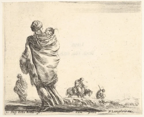 Plate 21: a poor woman to left, seen from behind, enveloping her child in a shawl, another woman seen from behind to left in background, a woman atop a horse and a man to right in background, from "Diversi Capricci" by Stefano della Bella, print, 1644-1647